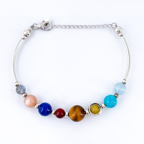 Sterling Silver Solar System Bracelet | Planet Gemstone Beaded Jewelry 7”-8.5” - Picture 2 of 6